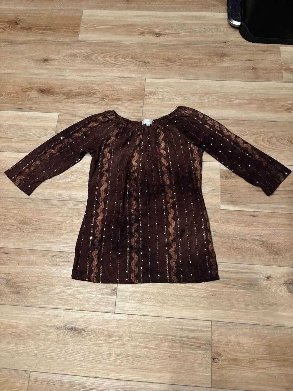 SHANNON FORD Blouse Top Brown Sequins Embroidery 3/4 Sleeve Boho